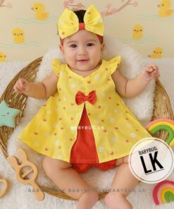 Bow Pleated Stylish Frock with Bloomer (Panty) & Headband | Yellow & White | 2 months to 24 months