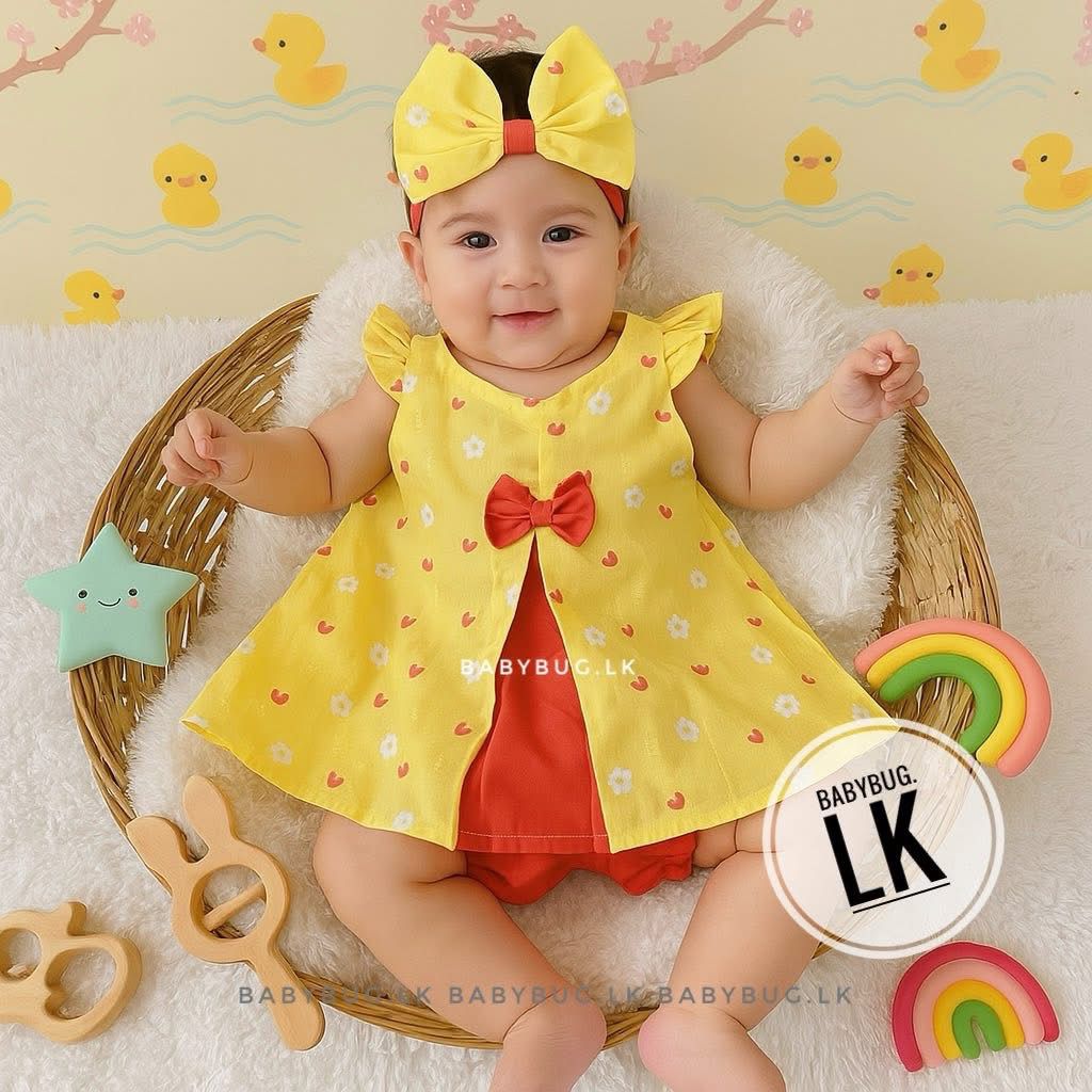 Bow Pleated Stylish Frock with Bloomer (Panty) & Headband | Yellow & White | 2 months to 24 months