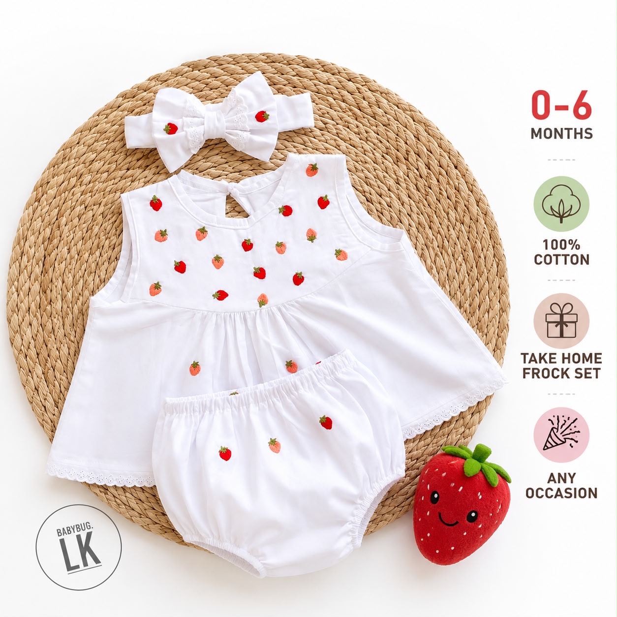 Strawberry Fairy Embroidered 3 in 1 Frock Set | 0 - 6 Months | - Image 2