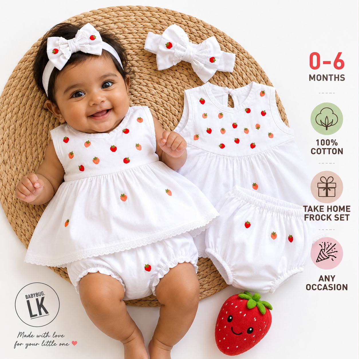 Strawberry Fairy Embroidered 3 in 1 Frock Set | 0 - 6 Months |
