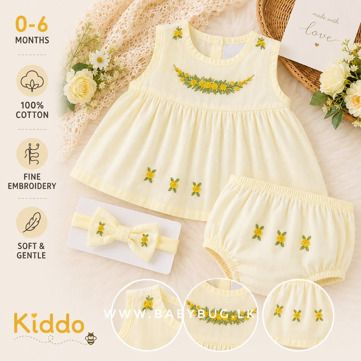 Yellow Fairy Embroidered 3 in 1 Frock Set | 0 - 6 Months |