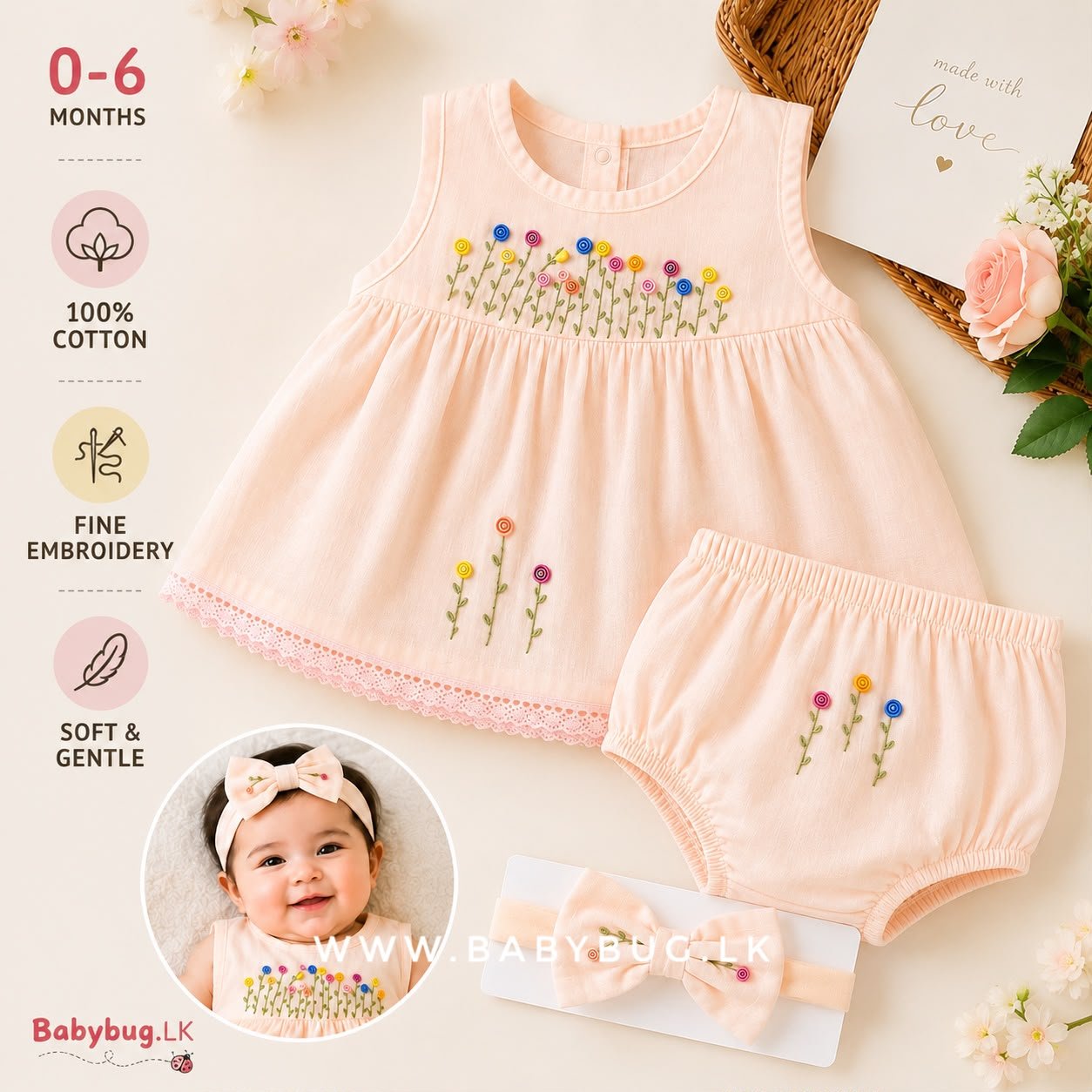 Peach Fairy Embroidered 3 in 1 Frock Set | 0 - 6 Months |